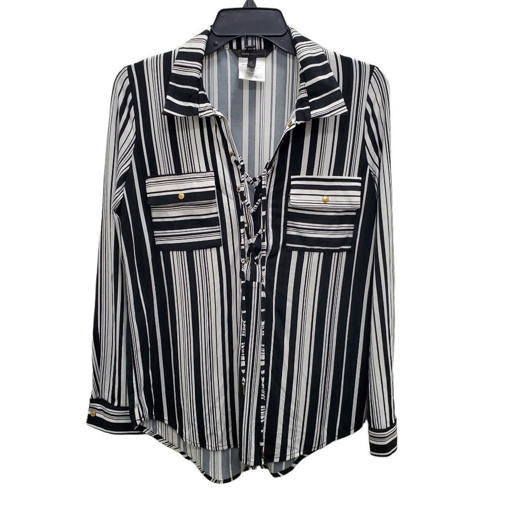 BCBGMaxAzria Women's Black & White Lace Up Neck L/S Liquid‎ Knit Top Size S